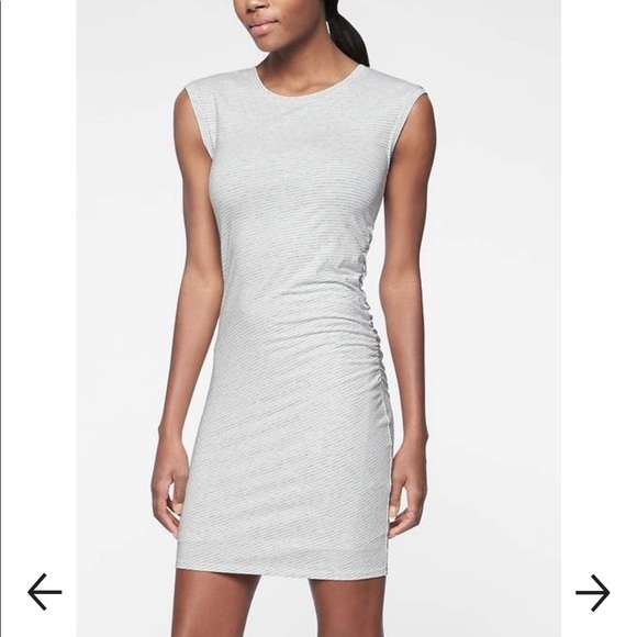 Athleta Carefree Tee Dress White & Grey Stripe Ruched Size Medium Petite - Picture 3 of 11